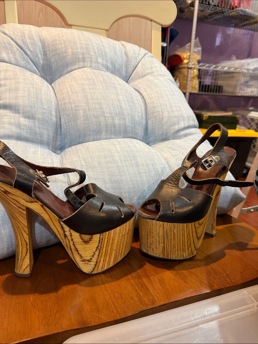 Source Unknown Black Leather Platform Sandals with Wood-Effect Heel - Picture 2 of 4